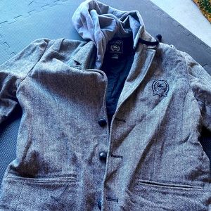 Buffalo herringbone gray jacket with detachable hood. Size Large
